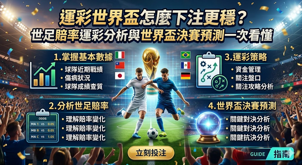想知道運彩世界盃怎麼下注才能更穩？這篇下注全攻略帶您將最核心的世足賠率運彩分析與世界盃決賽預測一次看懂！由資深運彩專家親自坐鎮，深度拆解台彩與國際盤口的不讓分獨贏、讓分盤、大小球及正確波膽等熱門玩法的實戰核心，並教您如何透過決賽強權的最新戰術陣型、主力傷兵名單與盤口水位變動規律來尋找高勝率機會。配合科學化的資金控管、過關串關與業界高手的下半場滾球走地心法，幫助您在四年一度的頂級決賽盛宴中完美避開莊家陷阱、大幅提升中獎贏錢勝率，不論您是新手還是老玩家，這篇必讀的2026世足下注指南都將是您引領資產翻倍的致富關鍵！