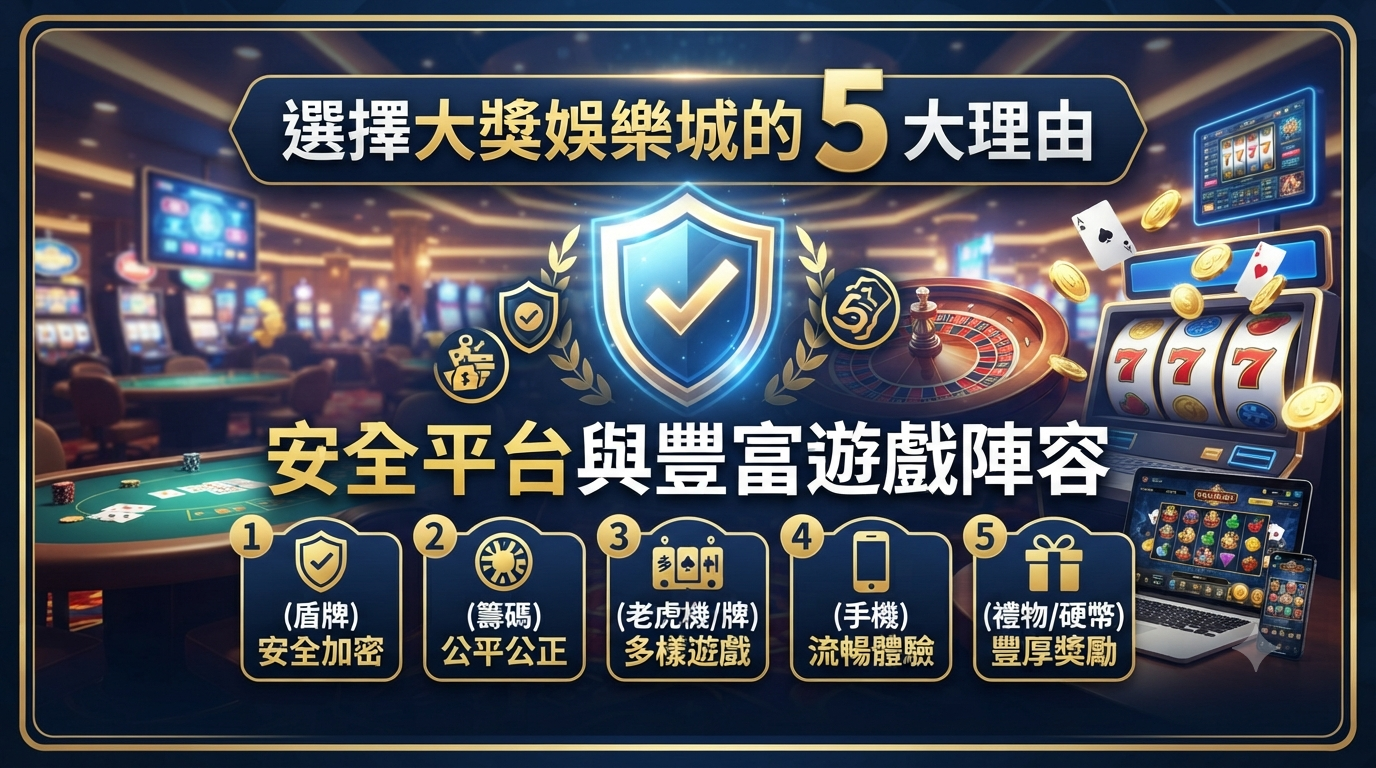 這張圖片以專業娛樂城為背景,清晰呈現「選擇大獎娛樂城的 5 大理由」標題與「安全平台與豐富遊戲陣容」副標題。 畫面下方透過五個精緻圖標,直觀地展示了平台安全加密、公平公正、遊戲多元、手機暢玩與豐厚獎勵的五大優勢。