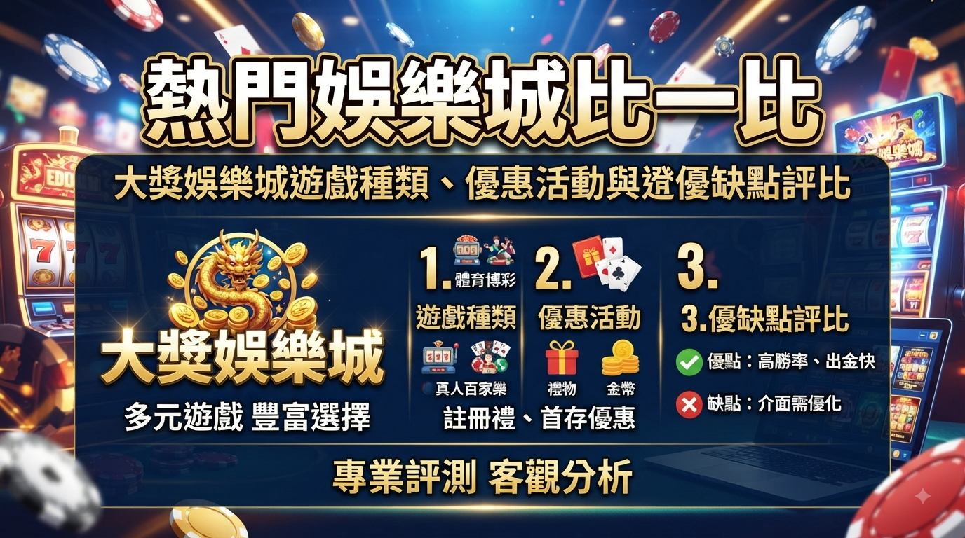 這是一張專為「熱門娛樂城比一比」SEO文章設計的16:9精美縮圖。 畫面清楚標示了大獎娛樂城的遊戲種類、優惠活動與優缺點評比等核心主題。